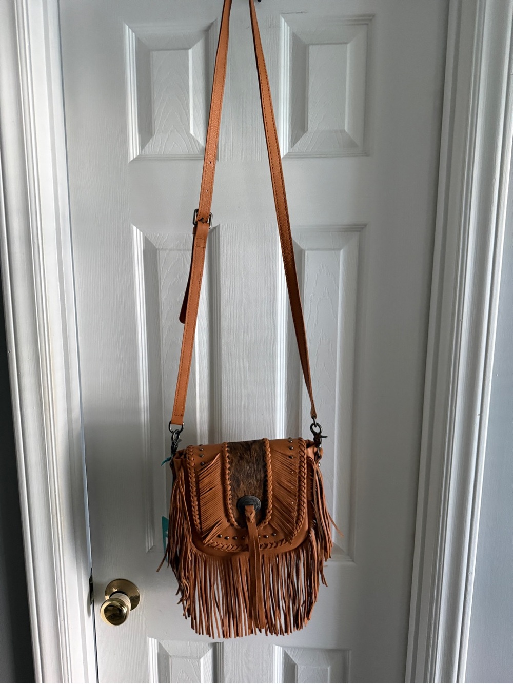 Montana West Brown Fringe Crossbody with Braided and Hair-On Accent